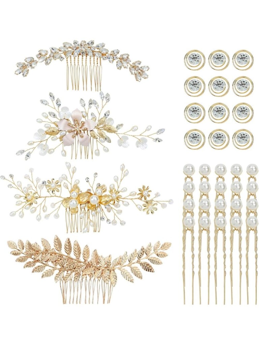 36 Pack Gold Floral Hair Combs & U-Shaped Pearl Pins - Bridal Accessories Set
